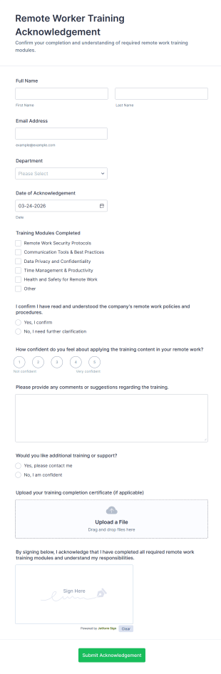 Remote Worker Training Acknowledgement Form Template