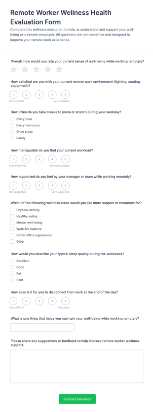 Remote Worker Wellness Health Evaluation Form Template