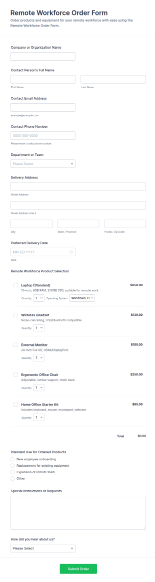 Remote Workforce Order Form Template