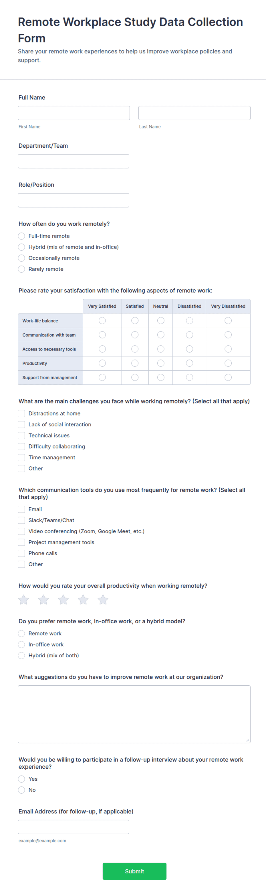 Data Collection Form Stats Remote Workplace Study Data Collection Form Template | Jotform