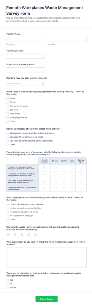 Remote Workplaces Waste Management Survey Form Template
