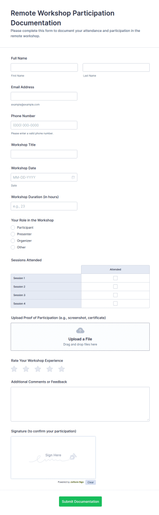 Remote Workshop Participation Documentation Form Template
