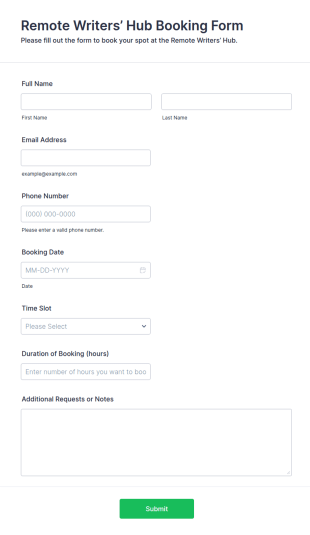 Remote Writers’ Hub Booking Form Template
