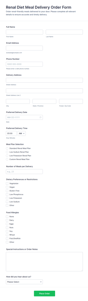 Renal Diet Meal Delivery Order Form Template