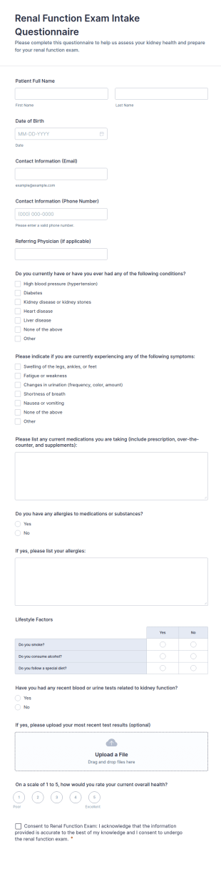 Renal Function Exam Intake Questionnaire Form Template