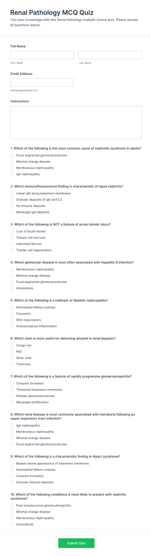 Renal Pathology MCQ Quiz Form Template