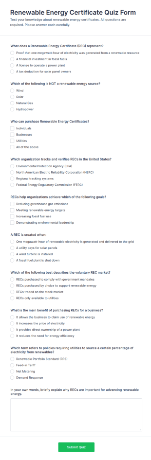 Renewable Energy Certificate Quiz Form Template