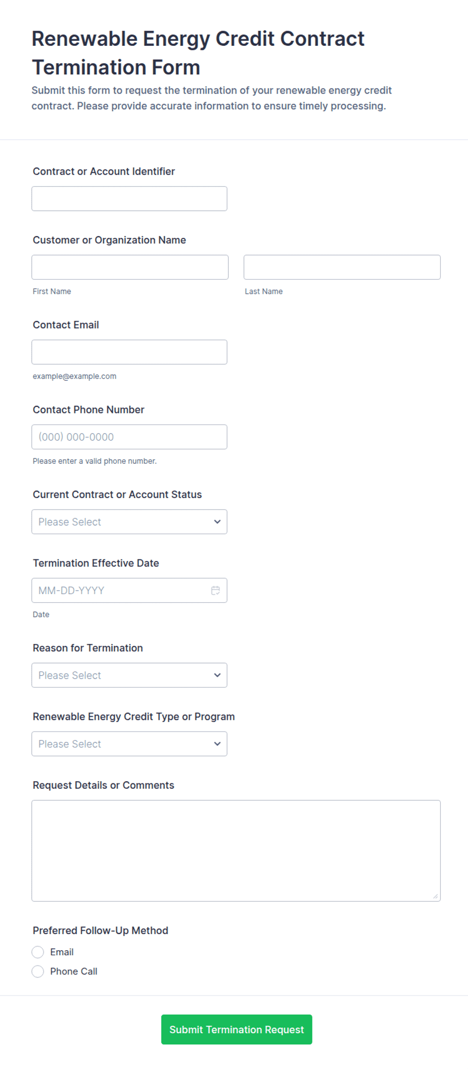Renewable Energy Credit Contract Termination Form Template | Jotform