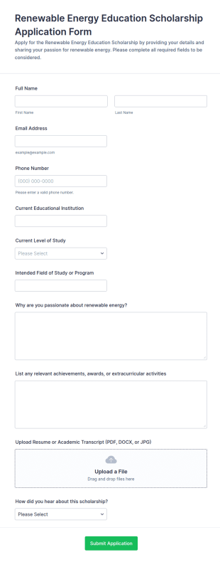 Renewable Energy Education Scholarship Application Form Template