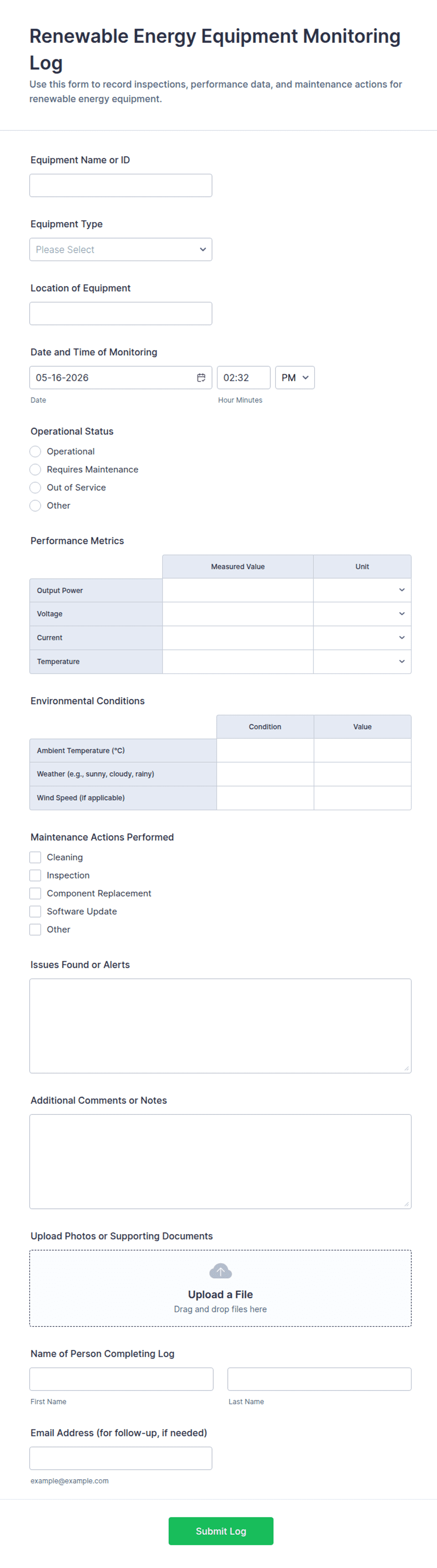 Renewable Energy Equipment Monitoring Log Form Template | Jotform