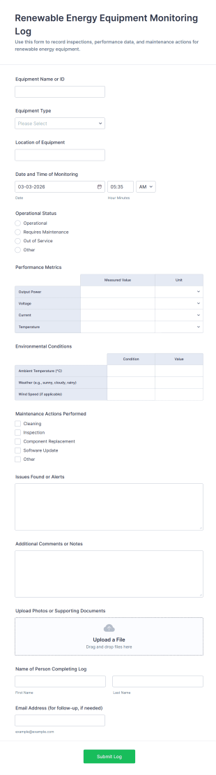 Renewable Energy Equipment Monitoring Log Form Template