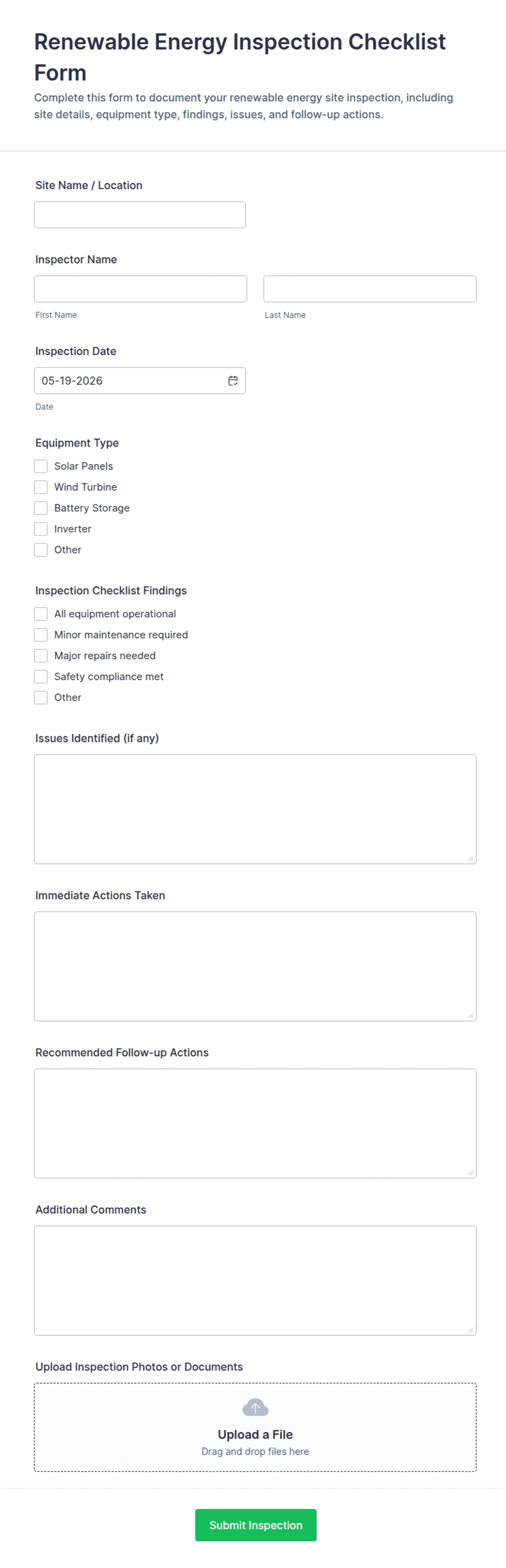 Power Reneables Inspection Renewable Energy Inspection Checklist Form Template | Jotform