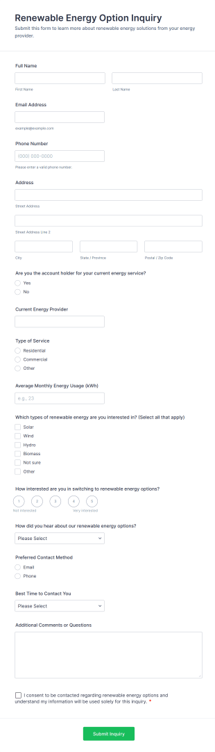 Renewable Energy Option Inquiry Form Template