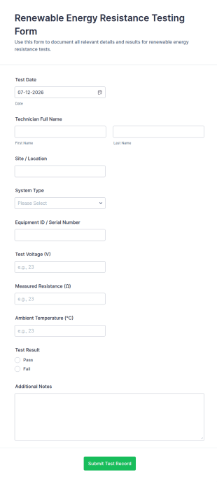 Renewable Energy Resistance Testing Form Template