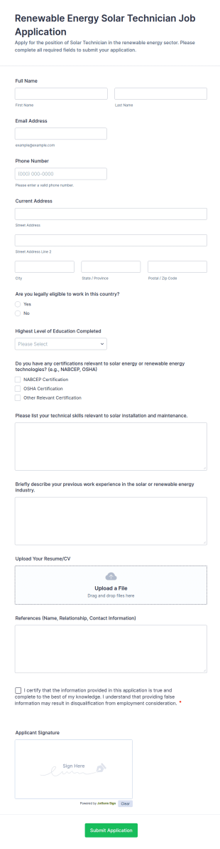 Renewable Energy Solar Technician Job Application Form Template