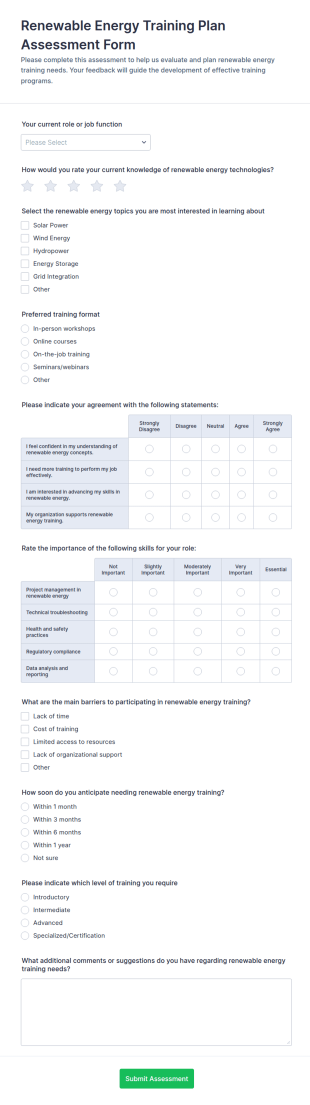 Renewable Energy Training Plan Assessment Form Template