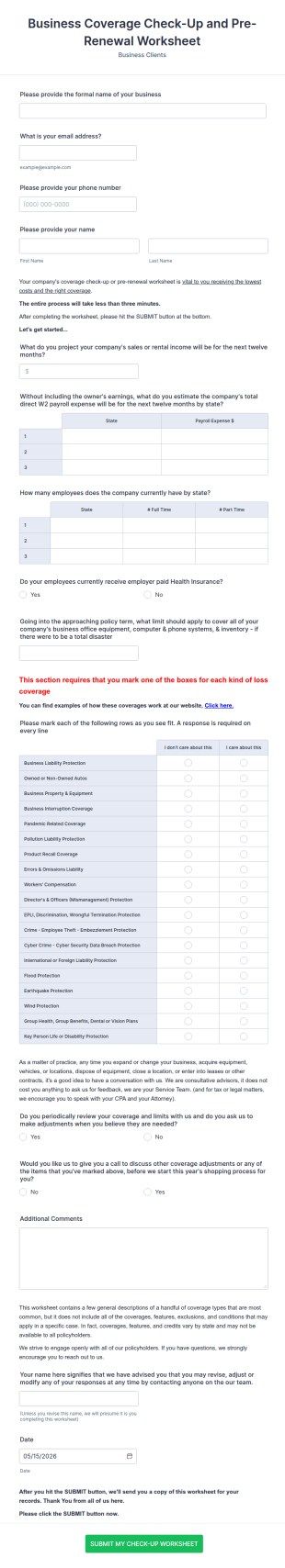 Renewal And Check Up Worksheet  Business Coverage Form Template