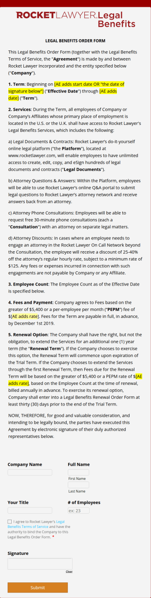 Legal Benefits Order Form Template