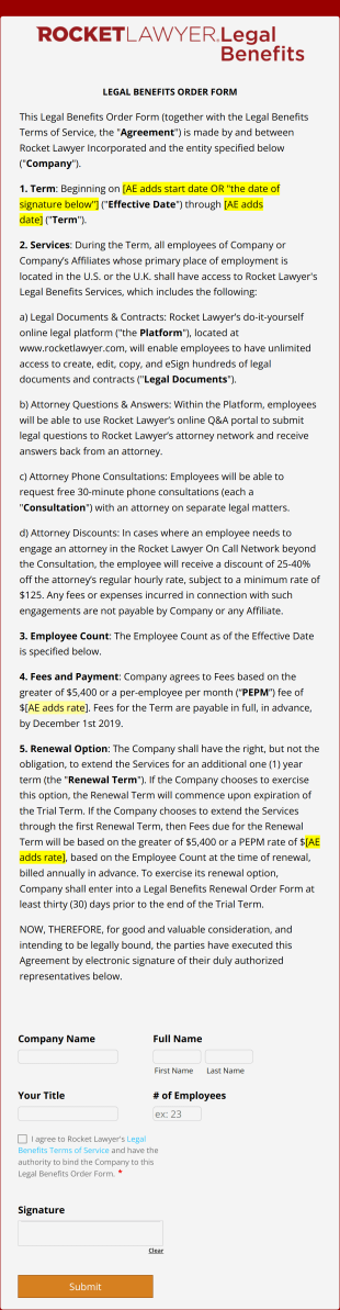 Legal Benefits Order Form Template