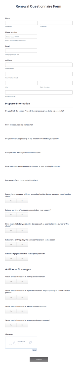 Renewal Questionnaire Form Template