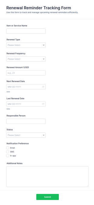 Renewal Reminder Tracking Form Template