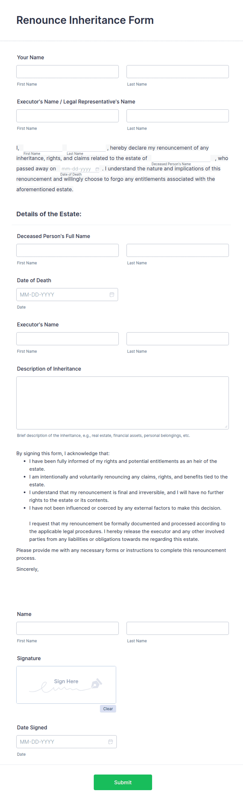 Renounce Inheritance Form Template | Jotform