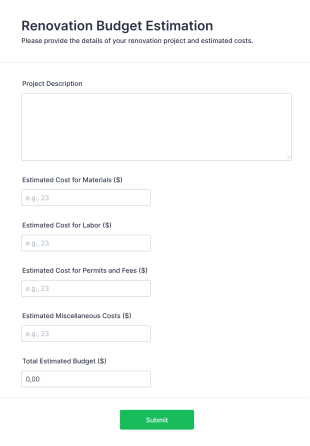 Renovation Budget Estimation Form Form Template