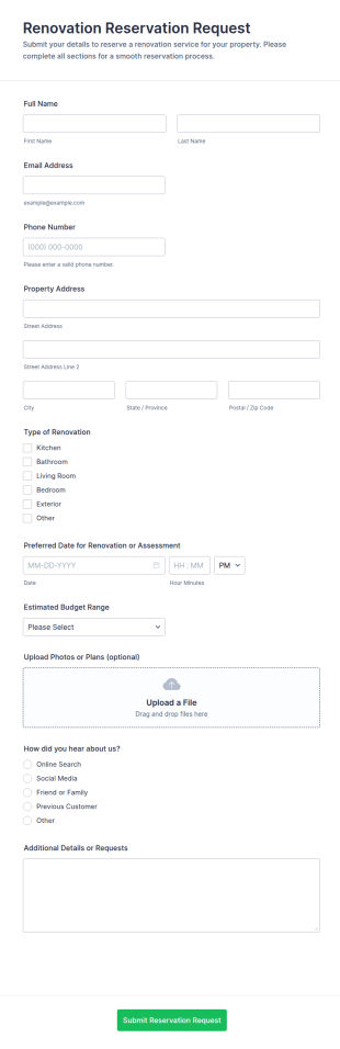 Renovation Reservation Request Form Template
