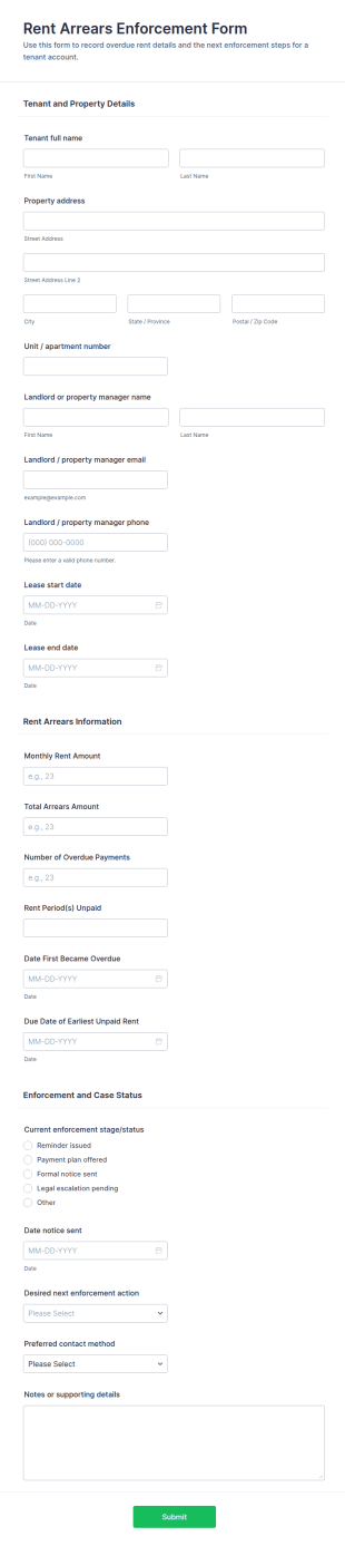 Rent Arrears Enforcement Form Template
