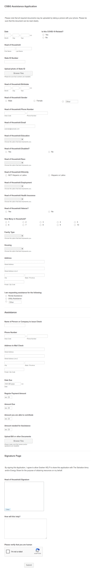 Rent Assistance Application Form Template
