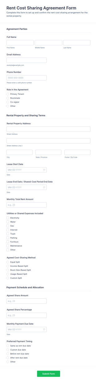 Rent Cost Sharing Agreement Form Template