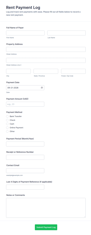 Rent Payment Log Form Template
