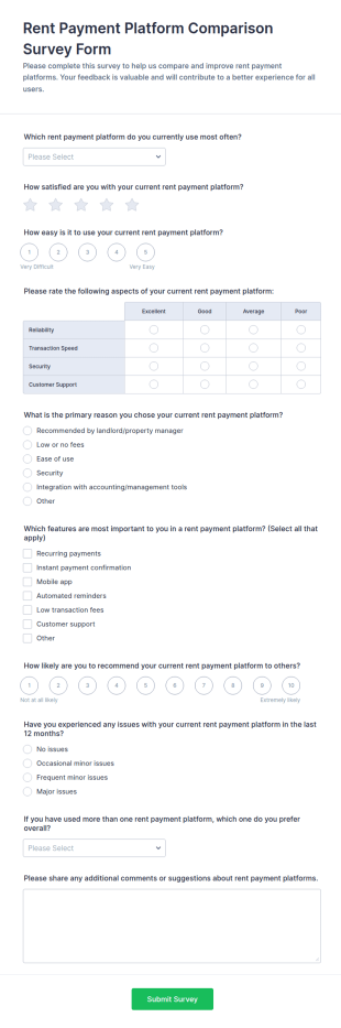 Rent Payment Platform Comparison Survey Form Template