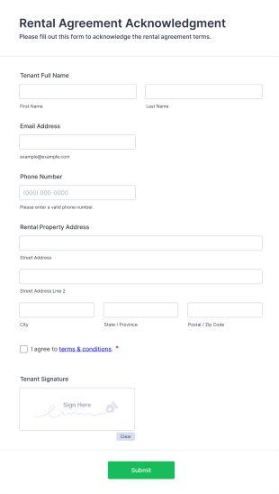 Rental Agreement Acknowledgment Form Form Template