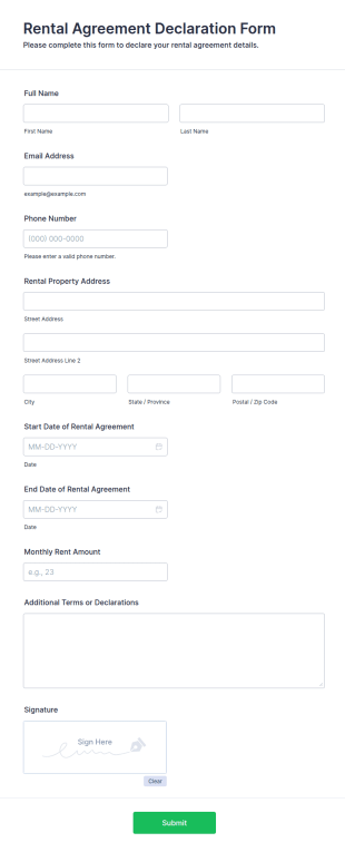 Rental Agreement Declaration Form Template