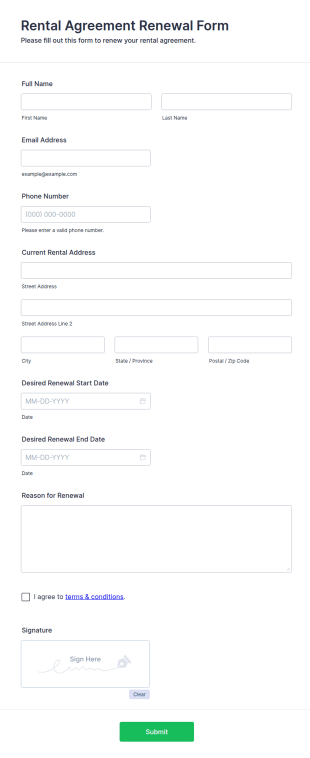 Rental Agreement Renewal Form Template