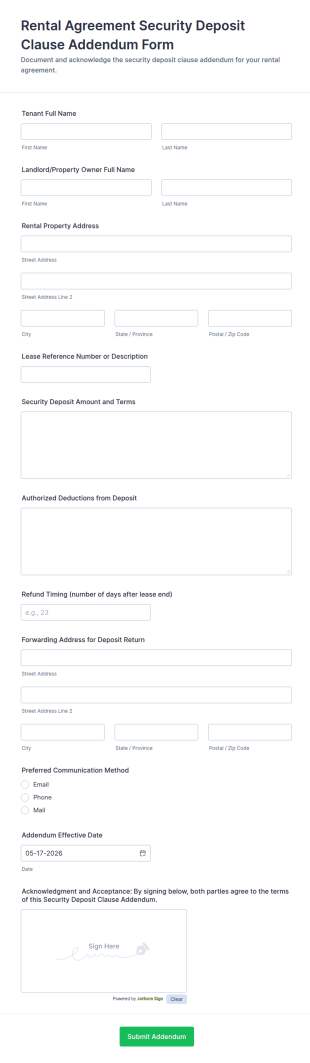 Rental Agreement Security Deposit Clause Addendum Contract Form Template