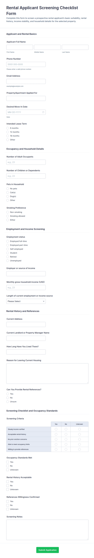 Rental Applicant Screening Checklist Form Template