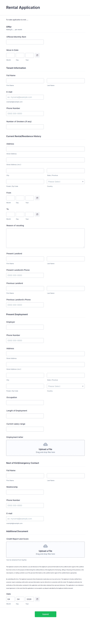Rental Application Form Template