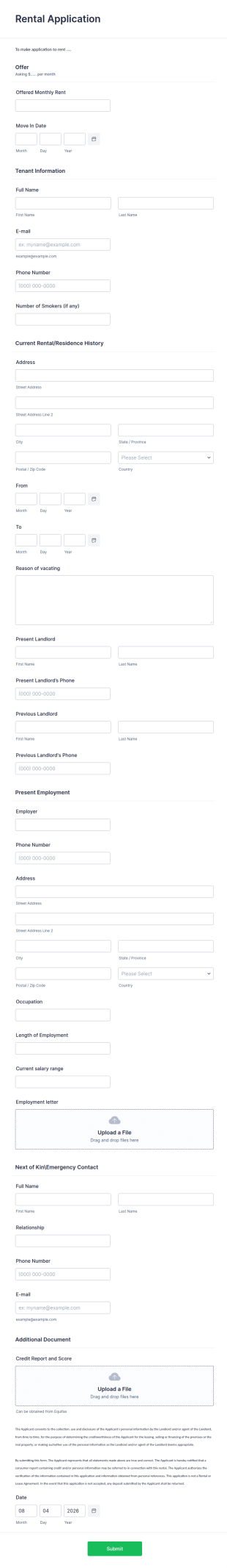 Rental Application Form Template
