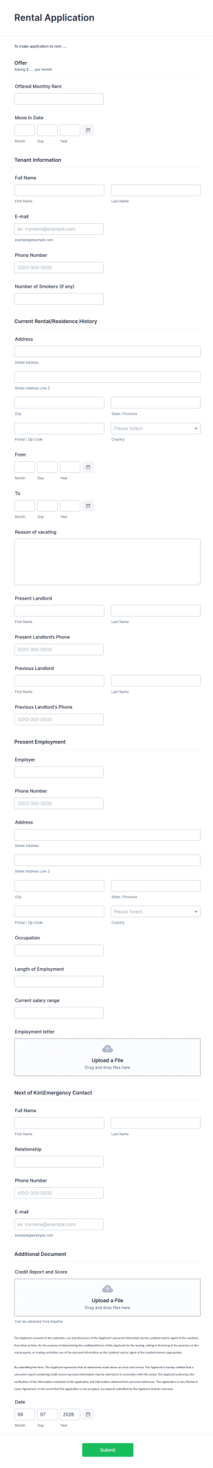 Rental Application Form Template