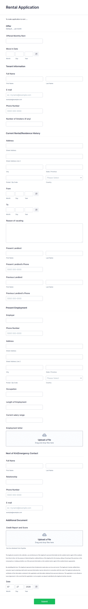 Rental Application Form Template