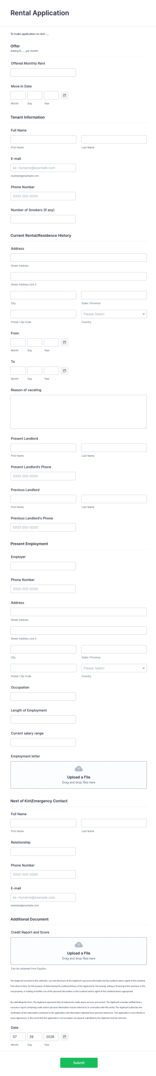 Rental Application Form Template