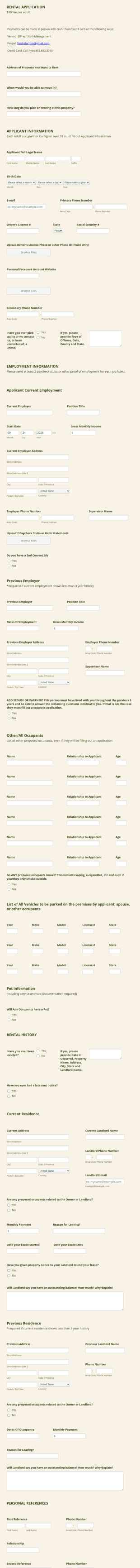Rental Application Fresh Start Management Form Template