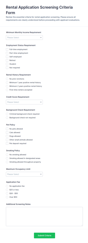 Rental Application Screening Criteria Form Template