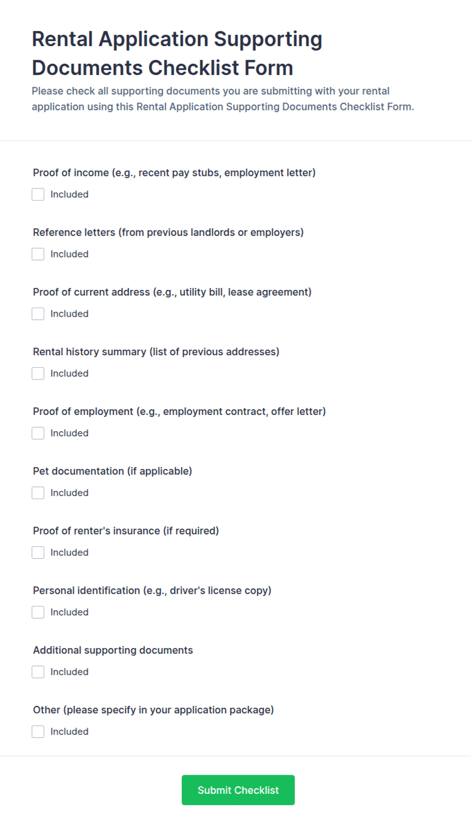 Rental Application Supporting Documents Checklist Form Template | Jotform