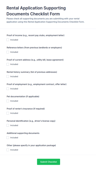 Rental Application Supporting Documents Checklist Form Template