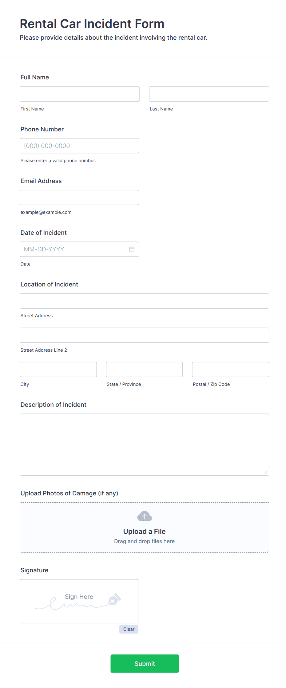 Rental Car Incident Form Template | Jotform