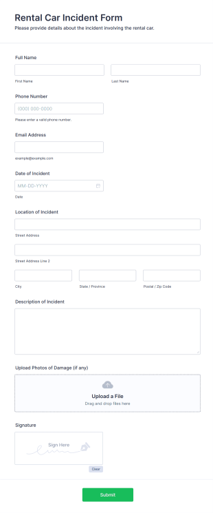 Rental Car Incident Form Form Template