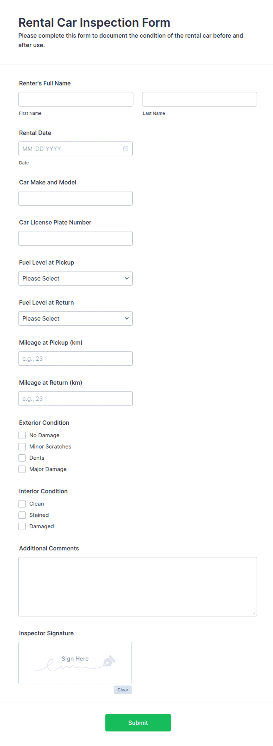 Rental Car Inspection Form Template | Jotform
